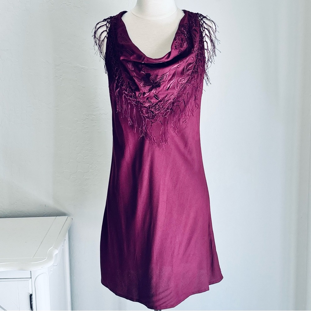 Silence + Noise Sleevless Fringe Scarf Front Mini Dress Twist Racerback, Wine, S